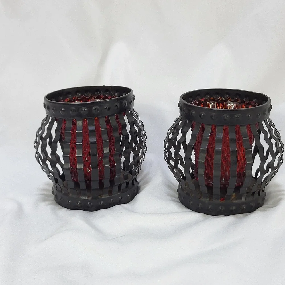 Vintage Ruby Red Diamond Point Glass Peg Votive Candle Holders Metal Cage Set 2
